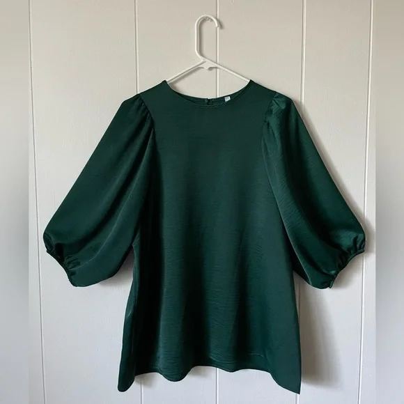 Dark Green Silky Style Look Puff Sleeve Blouse - Picture 2 of 7